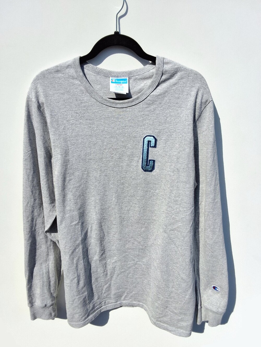 Champion Heritage Long Sleeve T-Shirt With Blue 'C' Patch - Gray (Size L)